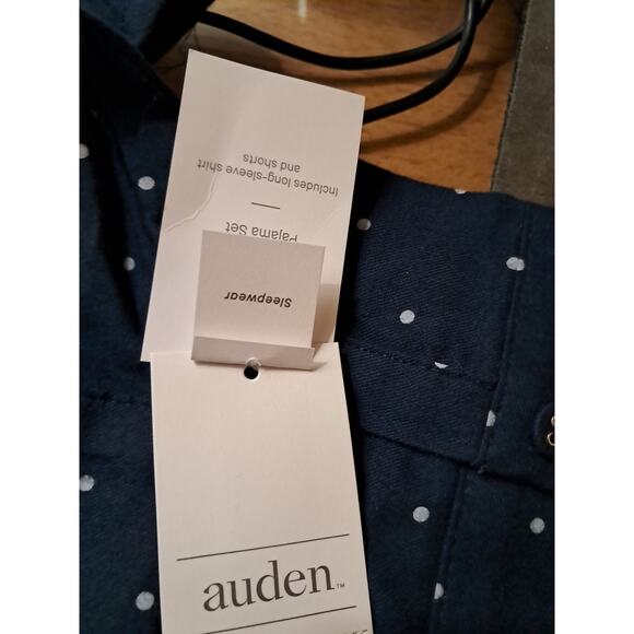Pajama Set Flannel Long Sleeve Top Shorts 2 pc Auden Polka Dot Navy Large New - Picture 8 of 11